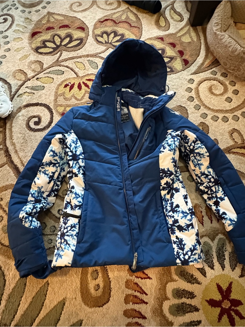 Spyder Blue Hooded Ski Jacket with White Floral Panels